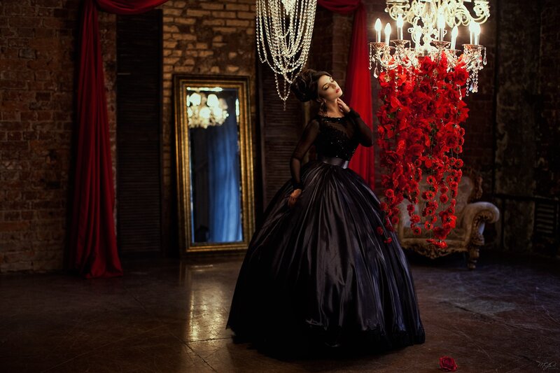 Woman in Black Gown — Dramatic, Night, Photograph, Chandelier, Red Flowers