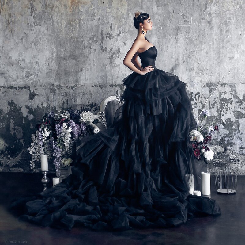 Woman in Black Gown — Dramatic, Photograph, Flowers