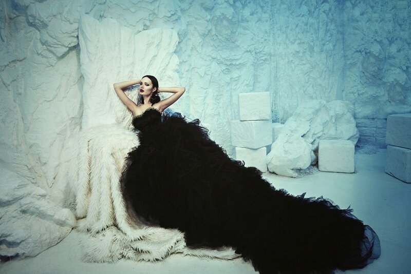 Woman in Black Gown — Dramatic, Photograph, Fur Rug