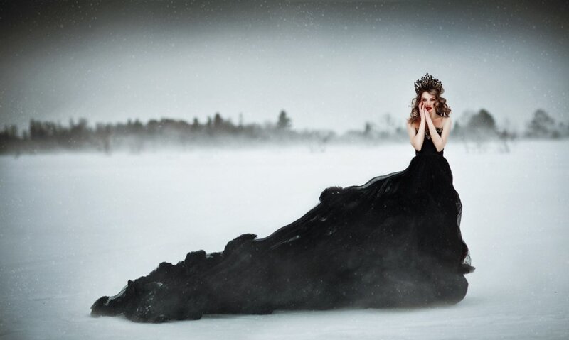 Woman in Black Gown — Dramatic, Winter, Photograph, Snow
