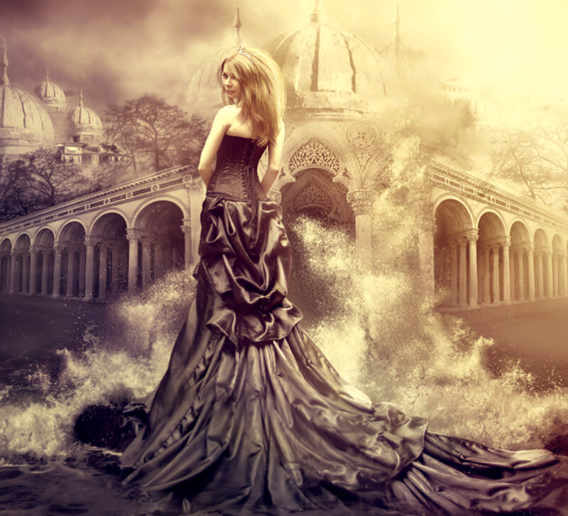 woman in black gown on a bridge
