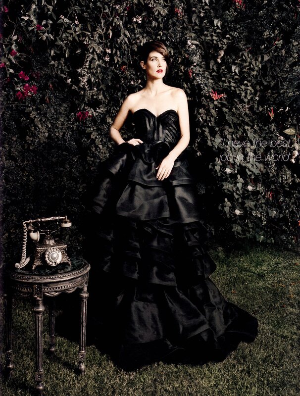 woman in black gown with vintage phone