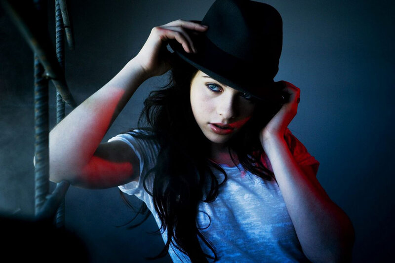 Woman in Black Hat — Blue, Dramatic, Photograph