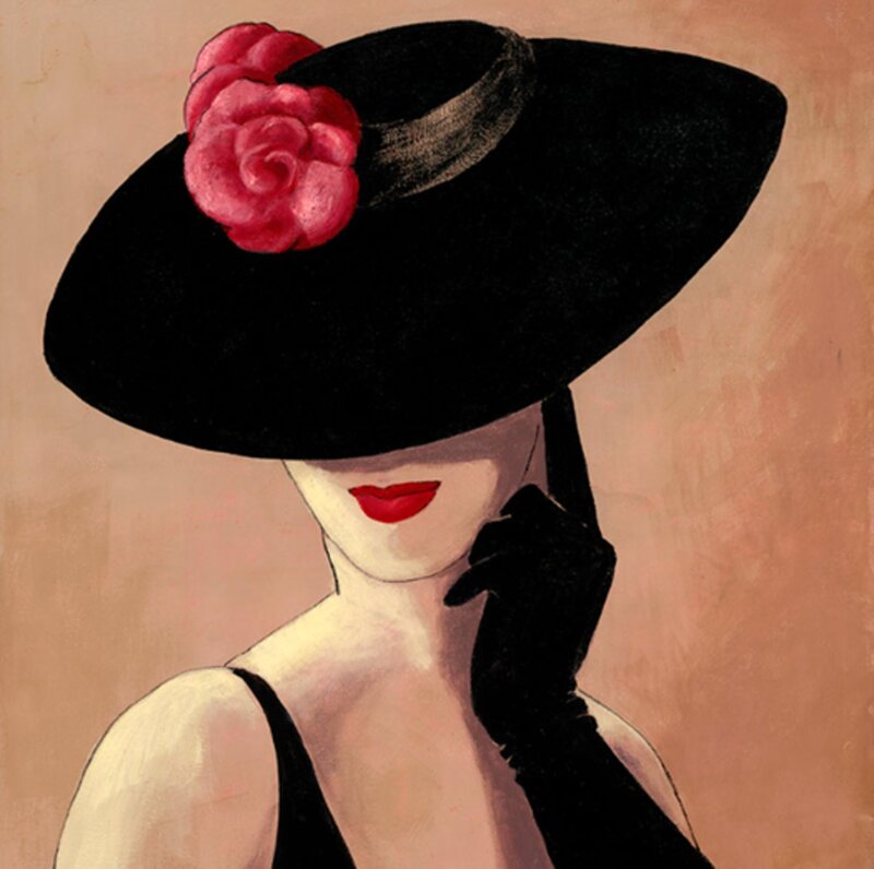Woman in Black Hat — Dramatic, Illustration, Flower