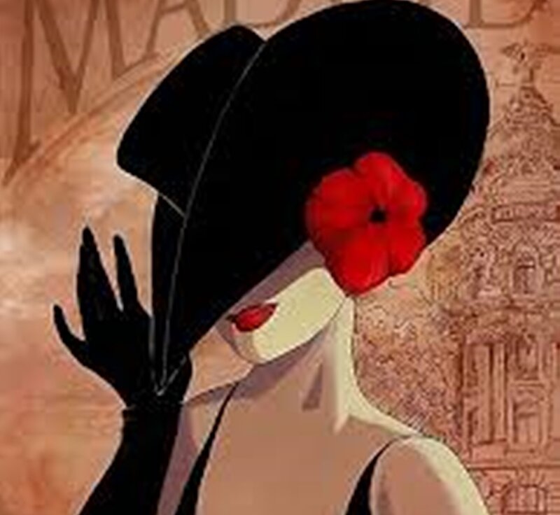 Woman in Black Hat — Dramatic, Illustration, Red Flower