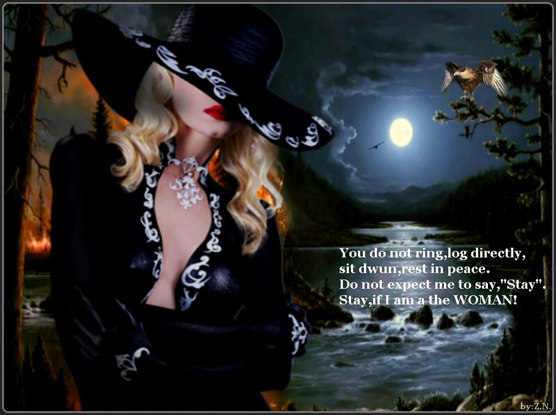 Woman in Black Hat — Dramatic, Night, Digital Art, River