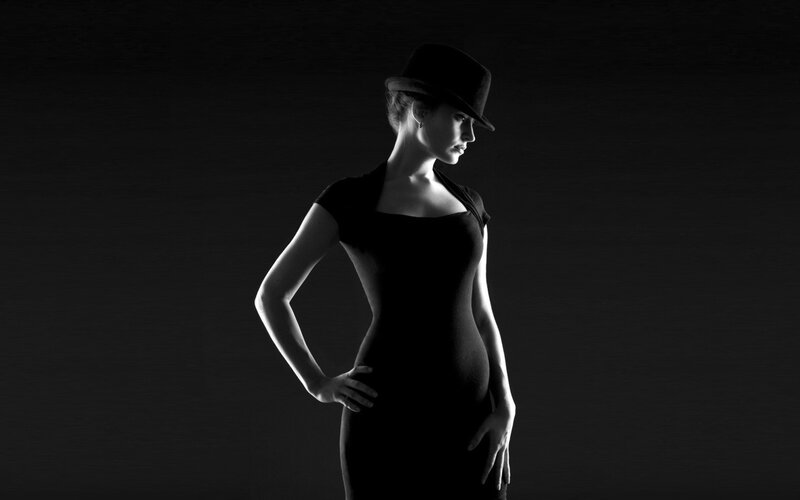 Woman in Black Hat — Dramatic, Photograph, Dress, Hand, White