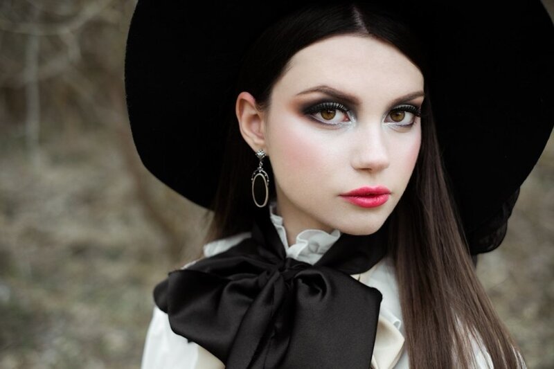 Woman in Black Hat — Dramatic, Photograph, Earring, Makeup