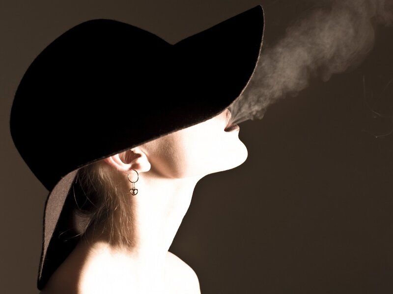 Woman in Black Hat — Dramatic, Photograph, Earring