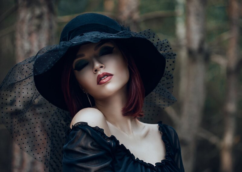 Woman in Black Hat — Dramatic, Photograph, Forest