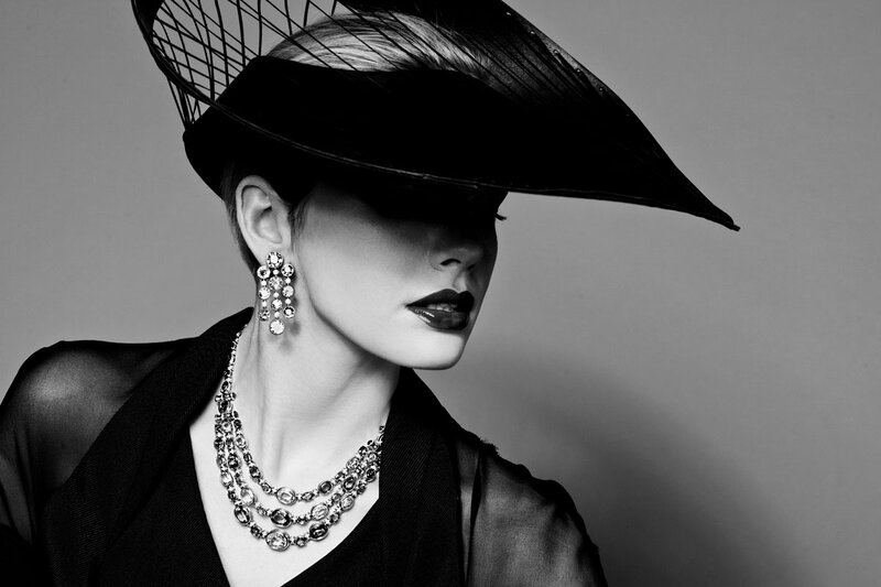 Woman in Black Hat — Dramatic, Photograph, Necklace, Earrings