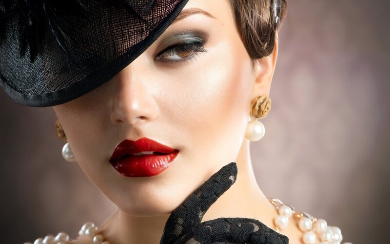 Woman in Black Hat — Dramatic, Photograph, Pearls