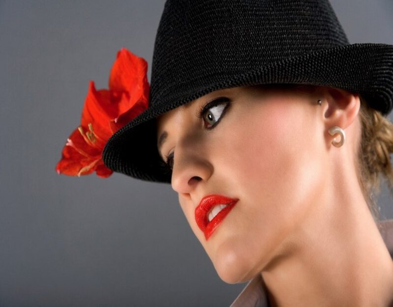 Woman in Black Hat — Dramatic, Photograph, Red Flower