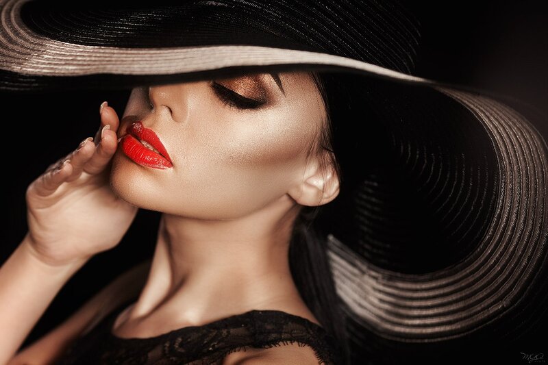 Woman in Black Hat — Dramatic, Photograph, Red Lipstick, Makeup