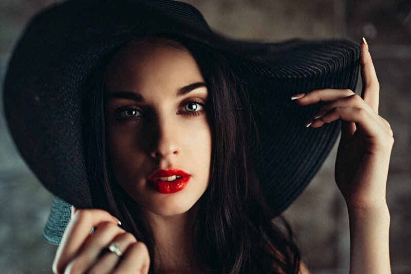 Woman in Black Hat — Dramatic, Photograph, Red Lipstick, Ring