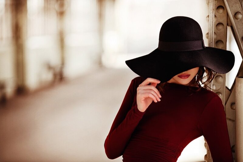 Woman in Black Hat — Dramatic, Photograph, Red Top