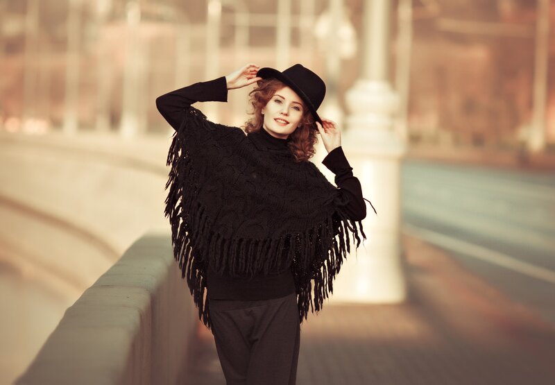 Woman in Black Hat — Dramatic, Sunset, Photograph, Fringe Shawl