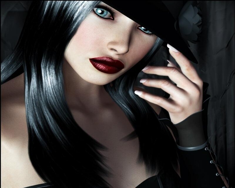 woman in black hat with red lips