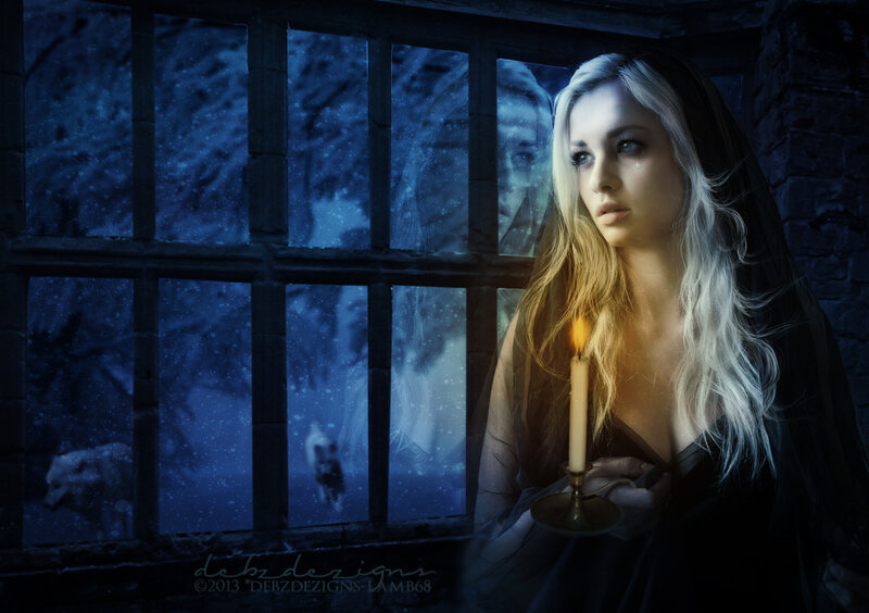Woman in Black Hood — Blue, Dramatic, Night, Digital Art, Candle