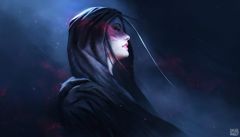 Woman in Black Hood — Dramatic, Night, Digital Art, Face