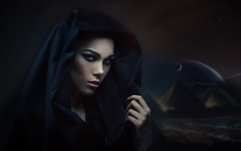 Woman in Black Hood — Dramatic, Night, Digital Art, Hooded Cloak, Planets