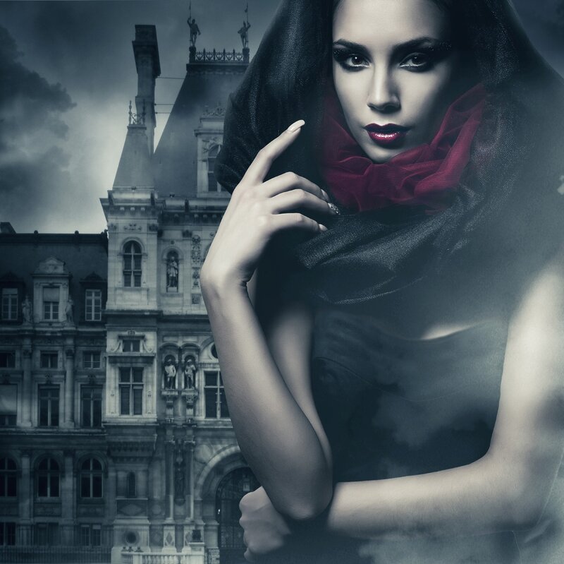 Woman in Black Hood — Dramatic, Night, Photograph, Building