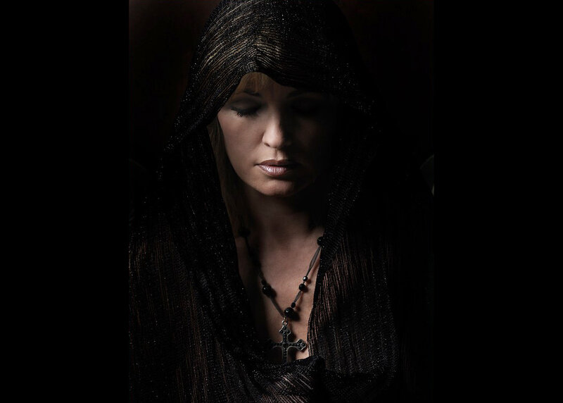 Woman in Black Hood — Dramatic, Photograph, Necklace