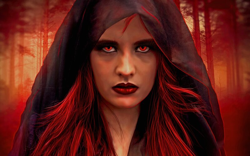 Woman in Black Hood — Red, Dramatic, Night