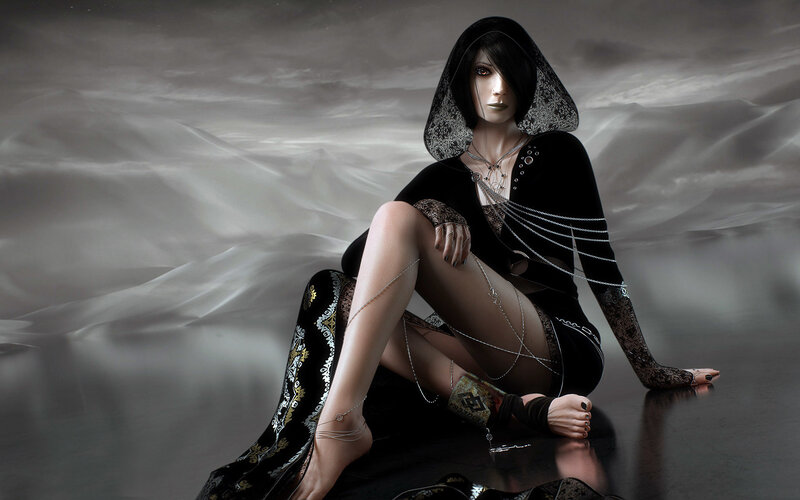 Woman in Black Hooded Outfit — Dramatic, Digital Art, Chains, Lace, Hood