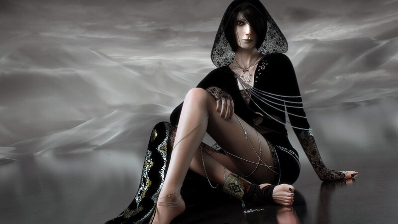 Woman in Black Hooded Outfit — Dramatic, Digital Art, Chains, Lace