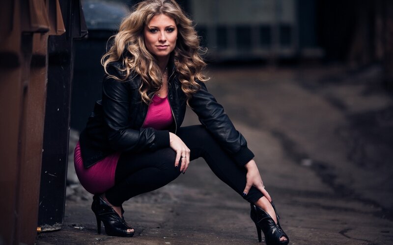 Woman in Black Jacket — Dramatic, Photograph, Leather Jacket, High Heels