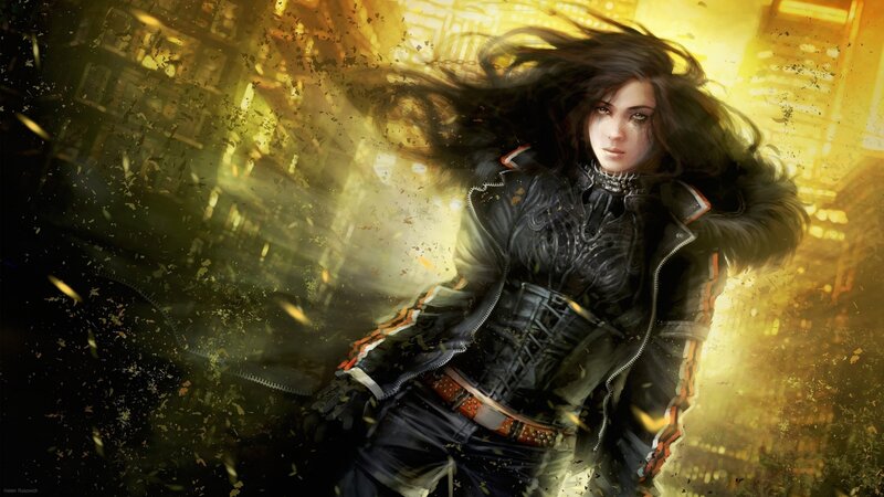 Woman in Black Jacket — Dramatic, Sunset, Digital Art