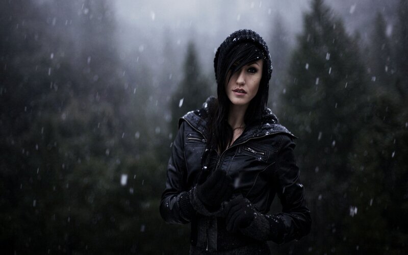 Woman in Black Jacket — Dramatic, Winter, Photograph, Snow