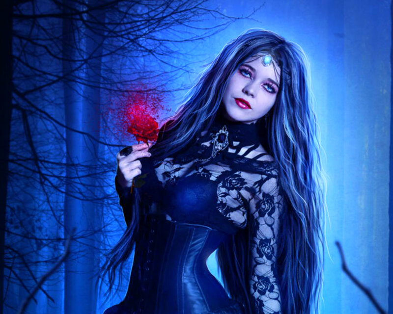 Woman in Black Lace — Blue, Dramatic, Night