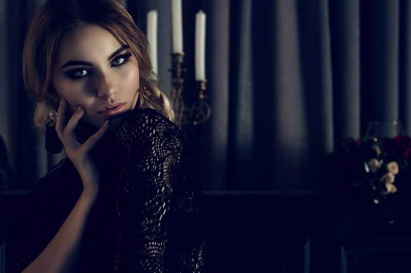 Woman in Black Lace — Dramatic, Night, Photograph