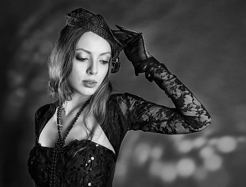 Woman in Black Lace — Dramatic, Photograph, Hat