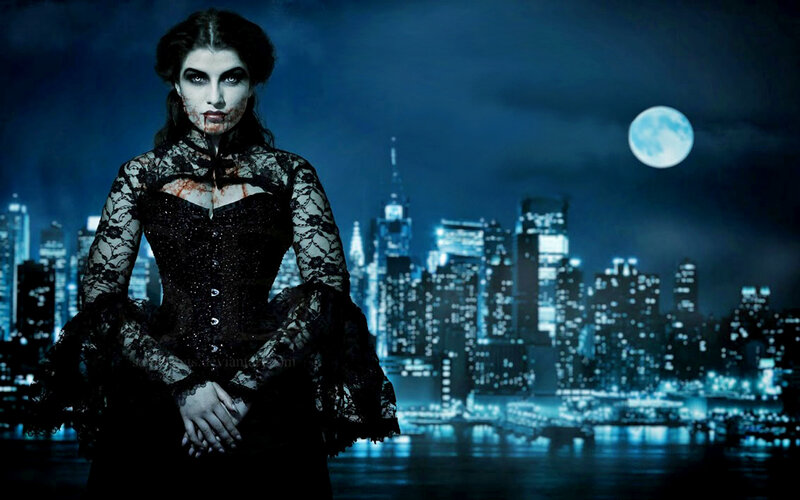 Woman in Black Lace Dress — Blue, Dark