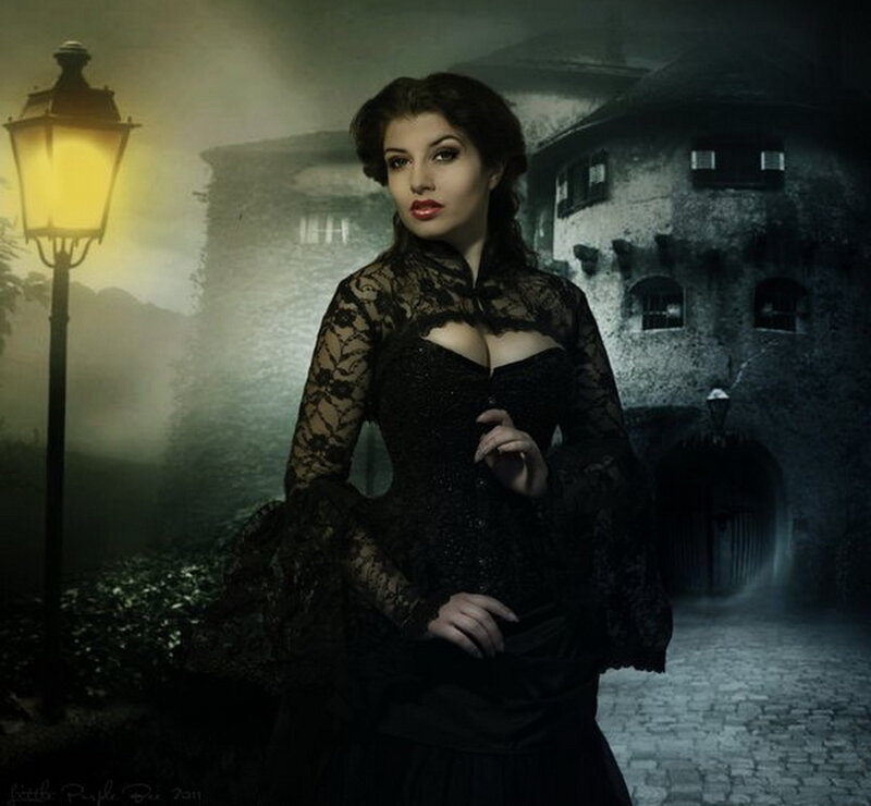 Woman in Black Lace Dress — Dramatic, Night, Digital Art