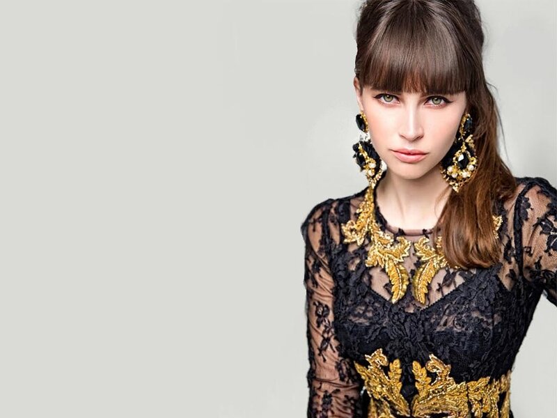 Woman in Black Lace Dress — Dramatic, Photograph, Lace Dress, Gold Embroidery