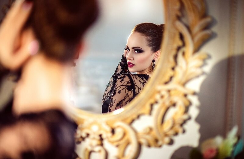 Woman in Black Lace Dress — Dramatic, Photograph, Mirror