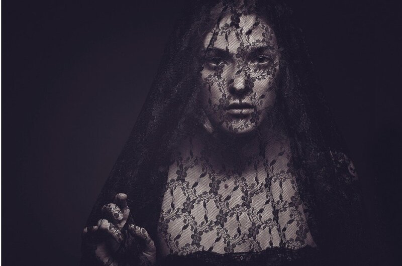 Woman in Black Lace Veil — Dramatic, Night