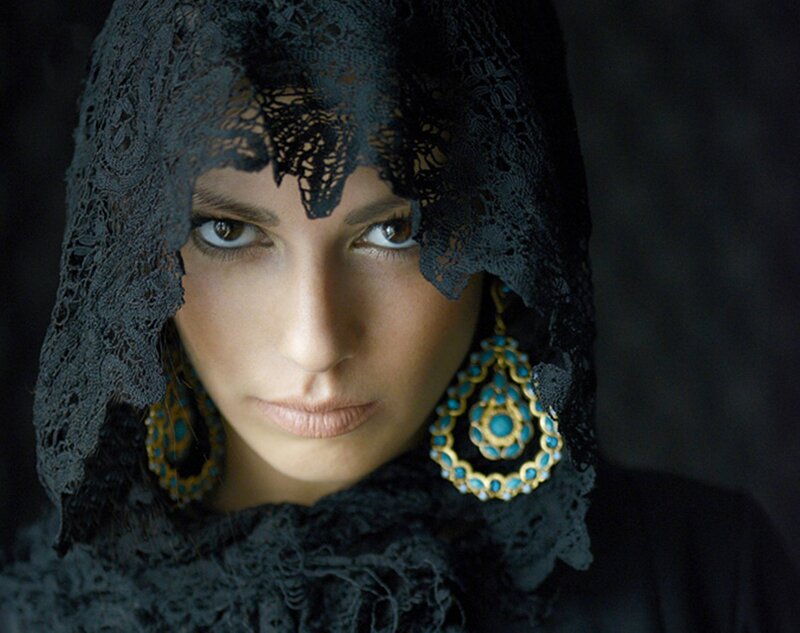 Woman in Black Lace Veil — Dramatic, Photograph