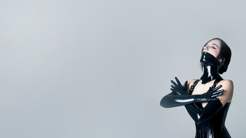 Woman in Black Latex — Dramatic, Photograph, Latex Suit, Gloves, Mask