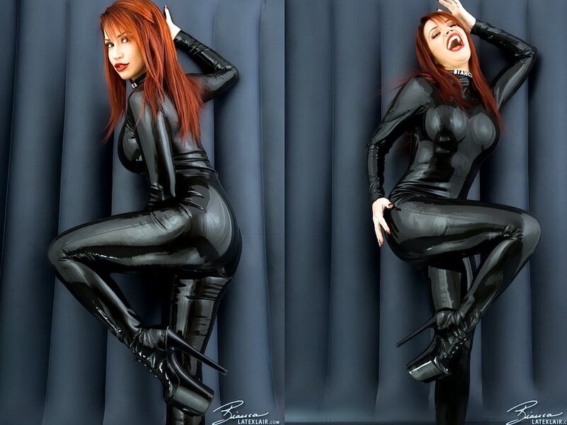 woman in black latex suit
