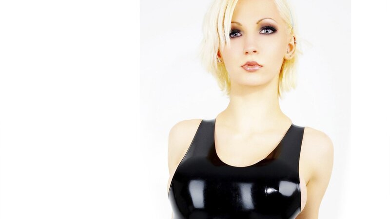 woman in black latex top
