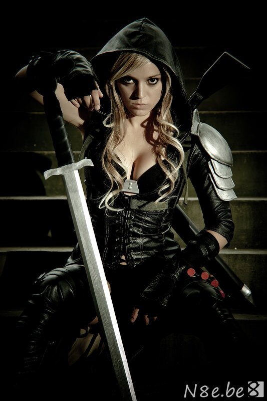 woman in black leather armor