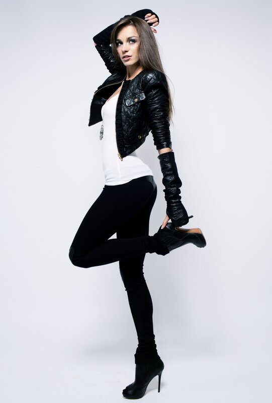woman in black leather jacket