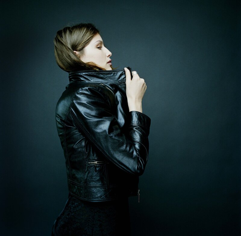 woman in black leather jacket