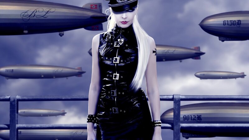 Woman in black leather with zeppelins