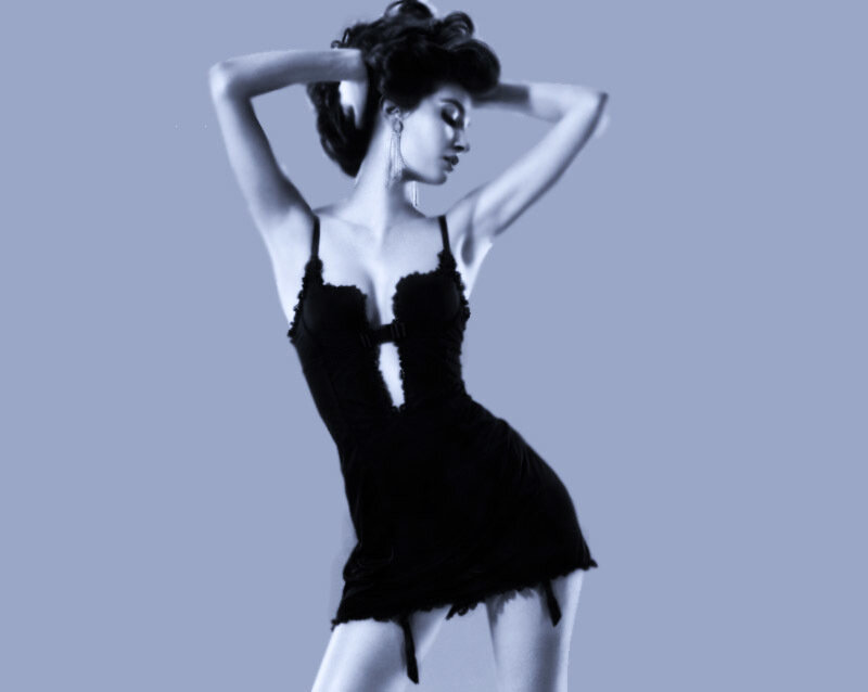 Woman in Black Lingerie — Blue, Dramatic, Photograph